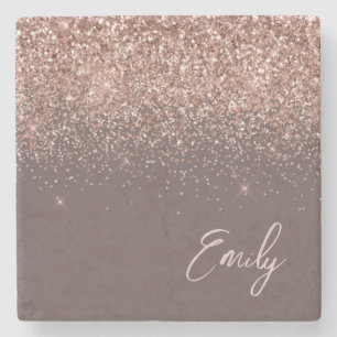 Terracotta Monogram Rose Gold Pink Glitter Stone Coaster