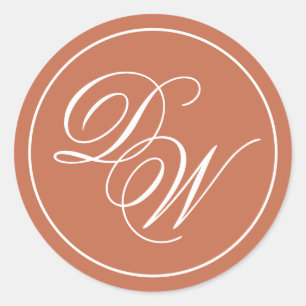 Terracotta Monogram Simple Brown White Script Classic Round Sticker