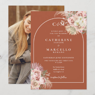 Terracotta Monugram Pampas Grass Photo Wedding  Invitation