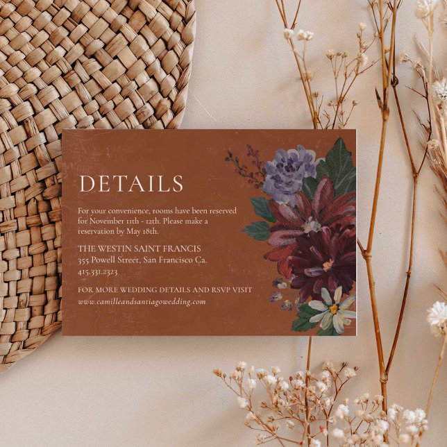 Terracotta Moody Floral Wedding Details Card (Terracotta Moody Floral Fall Details Wedding Card)