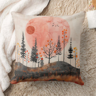 Terracotta Moon Copper Autumn Folk Forest Art Cushion
