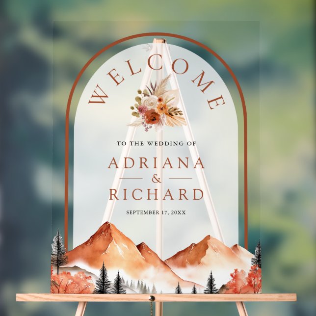 Terracotta Mountain Forest Arch Wedding Welcome Acrylic Sign (Neutral)