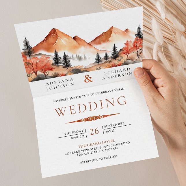 Terracotta Mountain Forest Photo QR Code Wedding Invitation (Creator Uploaded)