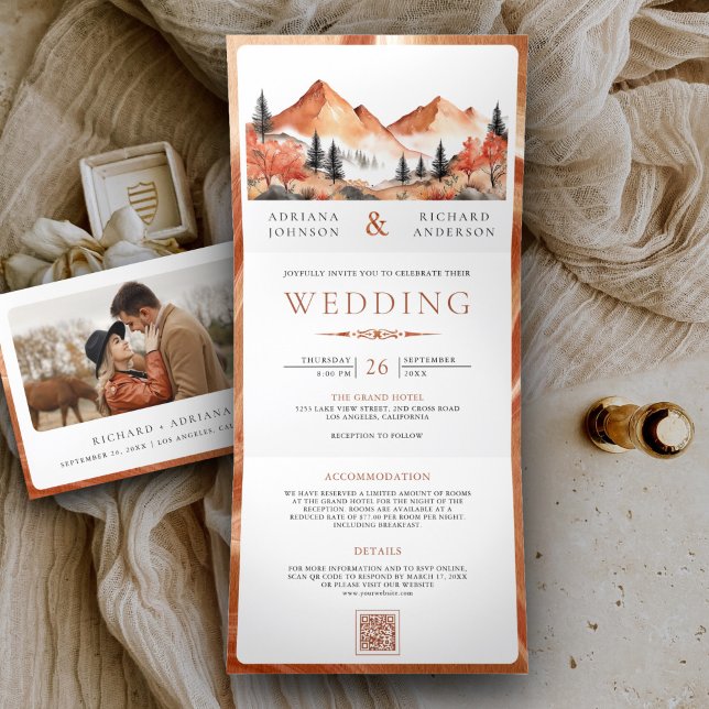 Terracotta Mountain Forest Photo QR Code Wedding Tri-Fold Invitation (Creator Uploaded)