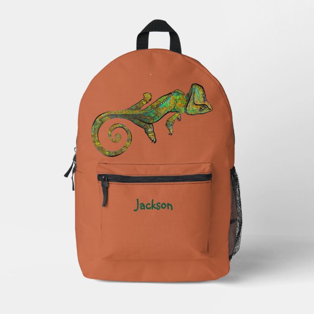Terracotta Named Multi-coloured Patterned Lizard Printed Backpack (Front)