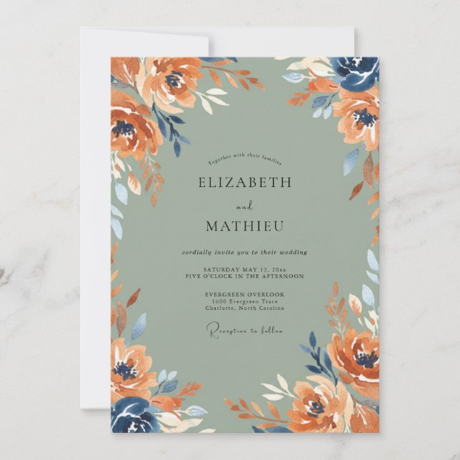 Terracotta Navy Bloom Wedding Invitation (Front)