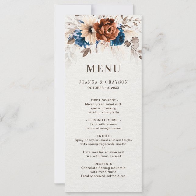 Terracotta Navy Blue  Botanical Wedding Menu Card (Front)