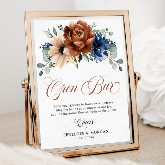 Terracotta Navy Blue Bridal Shower Open Bar Sign (Wedding open bar sign terracotta and navy floral. )