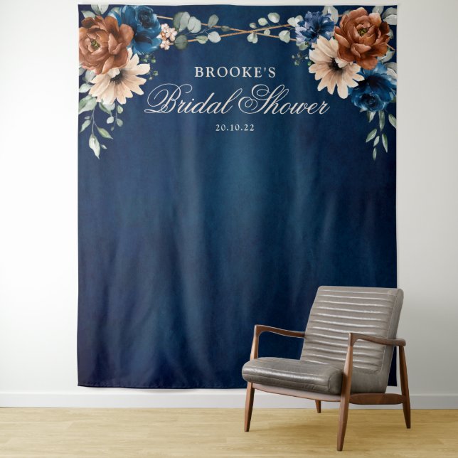 Terracotta Navy Blue Bridal shower Photo Backdrop Tapestry (In Situ)
