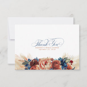 Terracotta Navy Blue Floral Boho Small Thank You Card