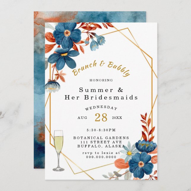 Terracotta Navy Blue Floral Brunch and Bubbly Invitation (Front/Back)