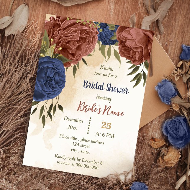 terracotta navy blue floral greenery bridal shower invitation (Creator Uploaded)