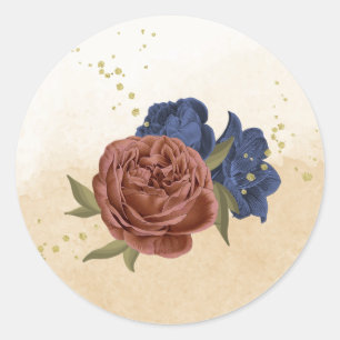 terracotta navy blue floral greenery classic round sticker