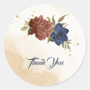 terracotta navy blue floral greenery classic round sticker