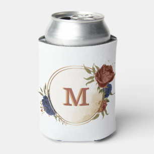 terracotta navy blue floral greenery monogram can cooler