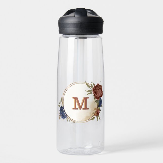 terracotta navy blue floral greenery monogram water bottle (Front)