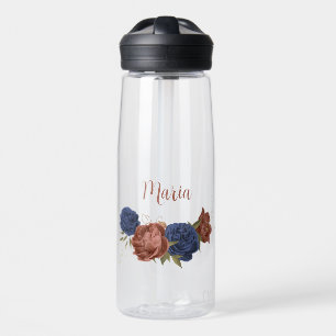 terracotta navy blue floral greenery name water bottle