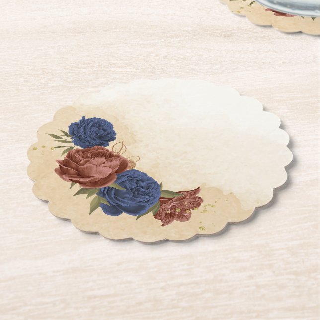 terracotta navy blue floral greenery paper coaster (Angled)