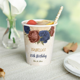 terracotta navy blue floral greenery paper cups