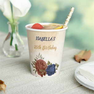 terracotta navy blue floral greenery paper cups