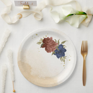 terracotta navy blue floral greenery paper plate