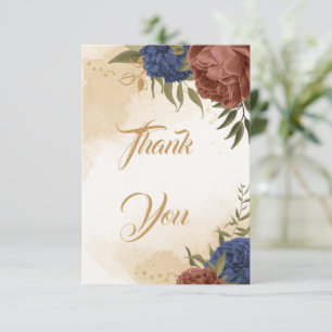 terracotta navy blue floral greenery wedding thank you card