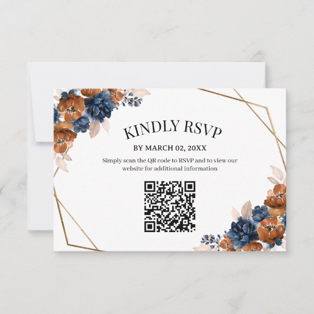 Terracotta Navy Blue Floral Wedding QR Code  RSVP Card (Front)