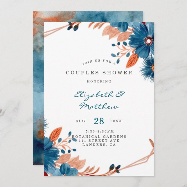 Terracotta Navy Blue Florals Couples Shower  Invitation (Front/Back)