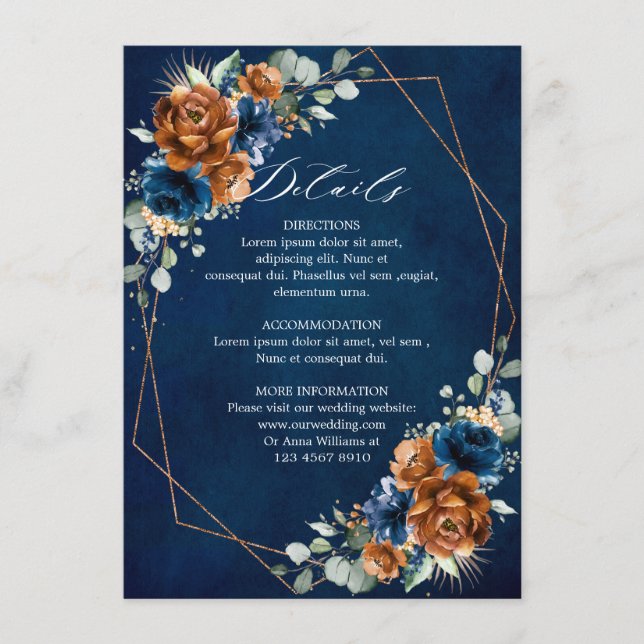 Terracotta Navy Blue Geometric Wedding Details Enc Enclosure Card (Front)