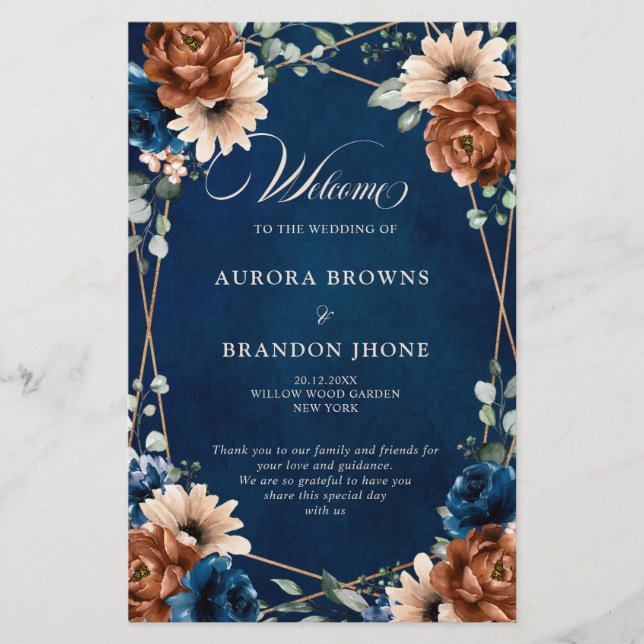 Terracotta Navy Blue Geometric Wedding Program (Front)