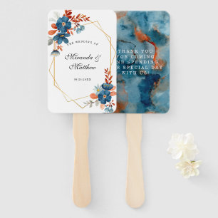 Terracotta Navy Blue Geometric Wedding Thank You Hand Fan
