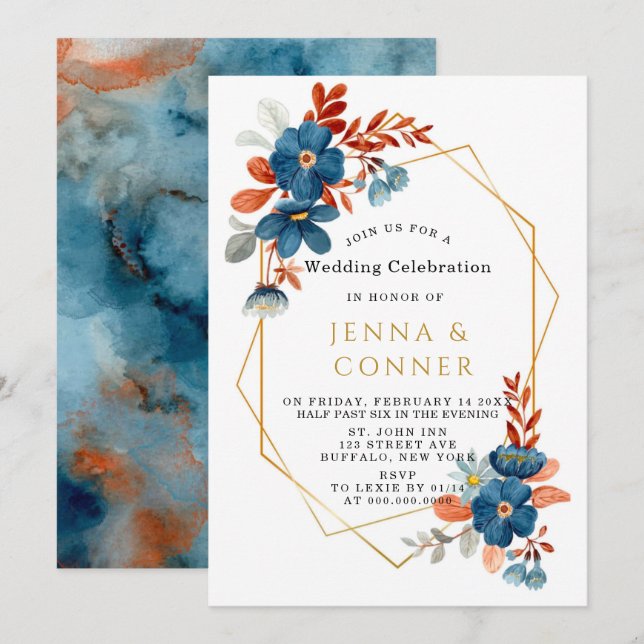 Terracotta Navy Blue Gold Floral Wedding Invitation (Front/Back)