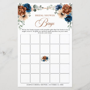 Terracotta Navy Blue Greenery Bridal Shower Bingo