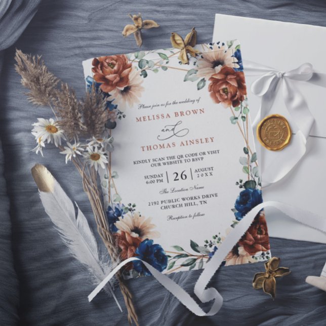Terracotta Navy Blue Greenery Chic QR Code Wedding Invitation (Creator Uploaded)