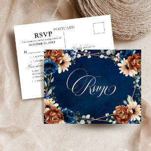 Terracotta Navy Blue Greenery Geometric RSVP Postc Postcard