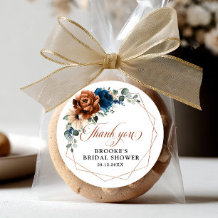 Terracotta Navy Blue Greenery Geometric Thank you Classic Round Sticker