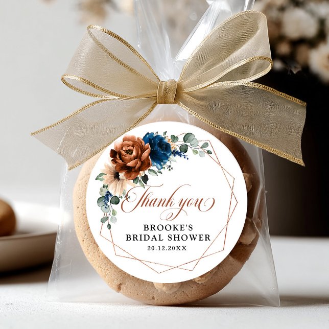 Terracotta Navy Blue Greenery Geometric Thank you Classic Round Sticker (Terracotta Navy Blue Greenery Geometric Thank you Classic Round Sticker)