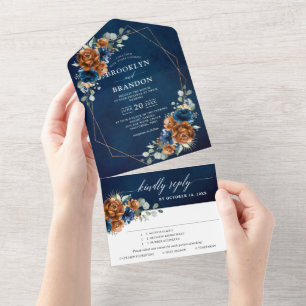 Terracotta Navy Blue Greenery Geometric Wedding Al All In One Invitation