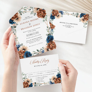 Terracotta Navy Blue Greenery Geometric Wedding All In One Invitation