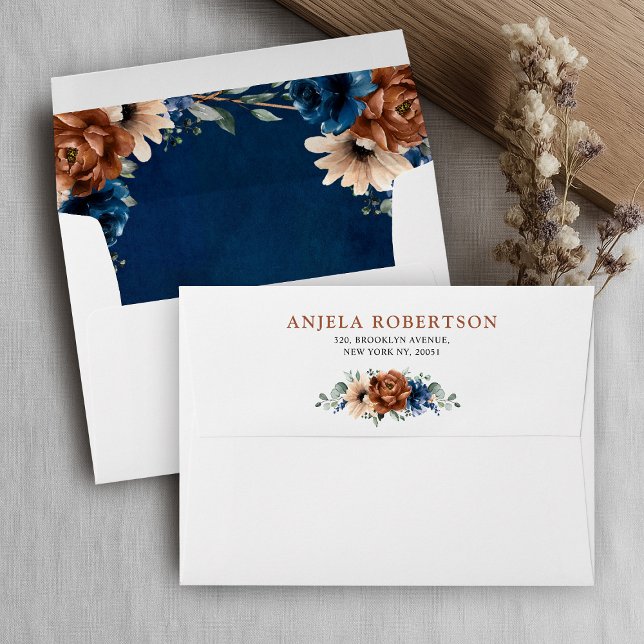 Terracotta Navy Blue Greenery Geometric Wedding En Envelope (Terracotta Navy Blue Greenery Geometric Wedding Envelope with return address)