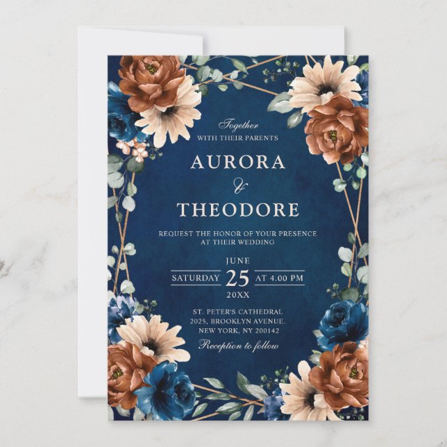 Terracotta Navy Blue Greenery Geometric Wedding In Invitation (Front)