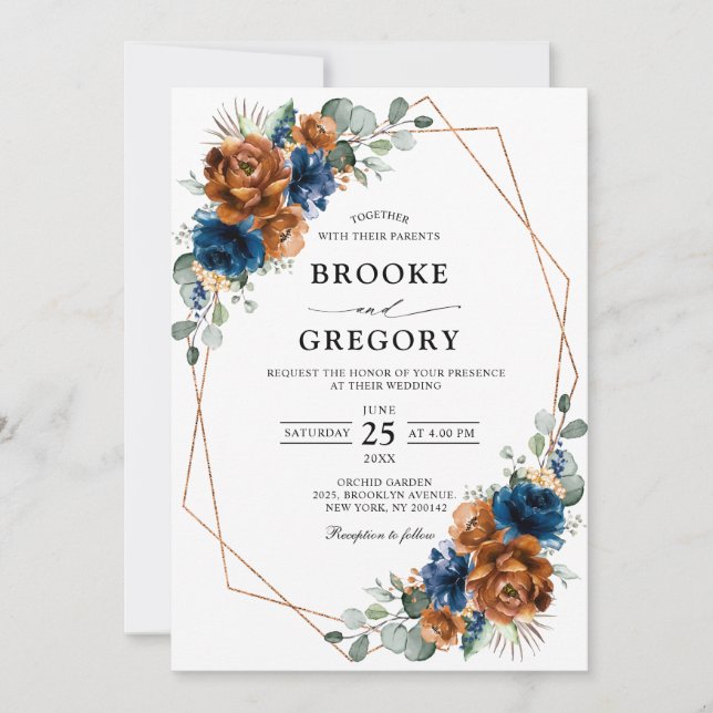 Terracotta Navy Blue Greenery Geometric Wedding Invitation (Front)