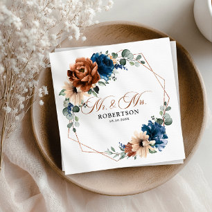 Terracotta Navy Blue Greenery Geometric Wedding Napkin
