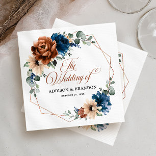 Terracotta Navy Blue Greenery Geometric Wedding Napkin