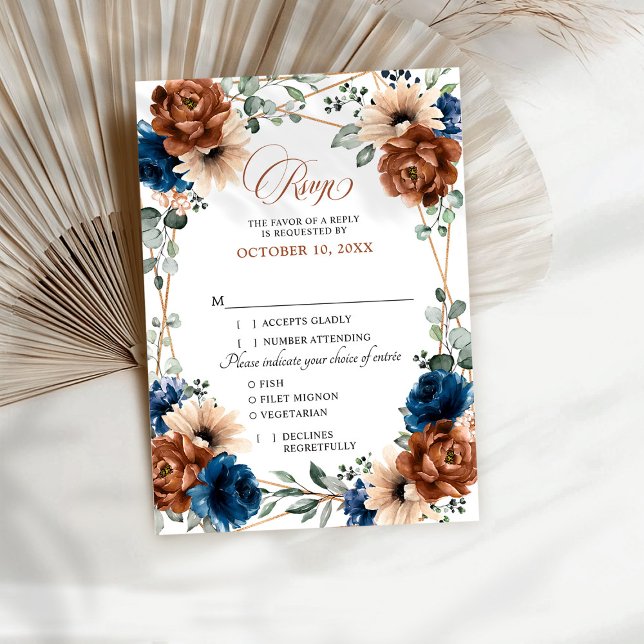 Terracotta Navy Blue Greenery Geometric Wedding RS RSVP Card (Terracotta Navy Blue Greenery Geometric Wedding RSVP Card with meal choice details.
)