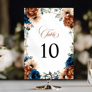 Terracotta Navy Blue Greenery Geometric Wedding Table Number