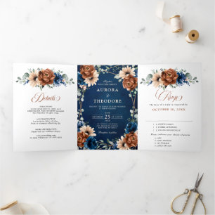 Terracotta Navy Blue Greenery Geometric Wedding Tr Tri-Fold Announcement