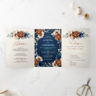 Terracotta Navy Blue Greenery Geometric Wedding Tr Tri-Fold Announcement
