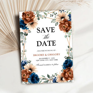 Terracotta Navy Blue Greenery Save the date