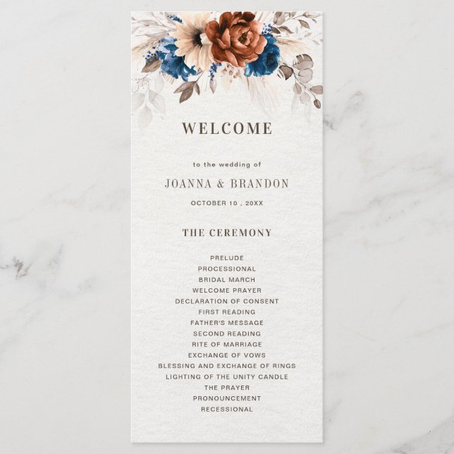 Terracotta Navy Blue Pampas Grass Rustic Wedding Programme (Front)